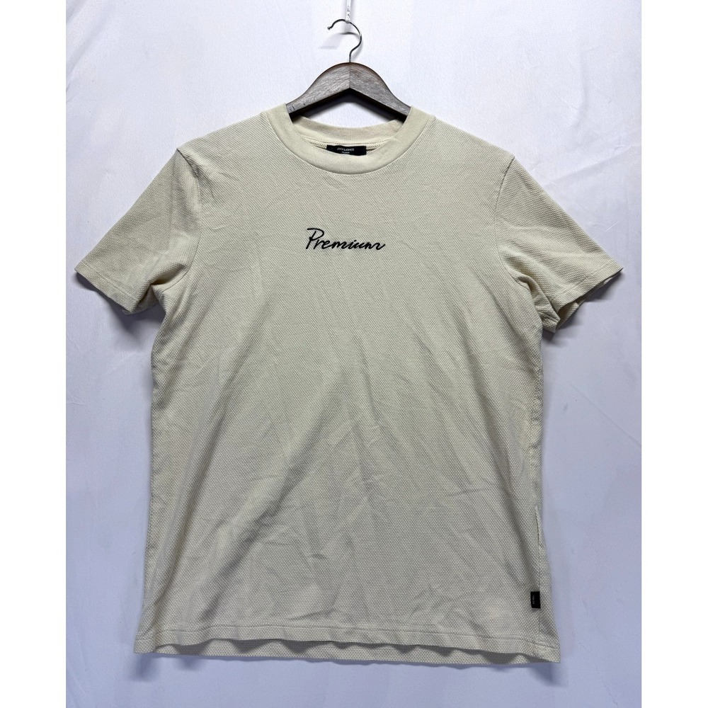 Jack & Jones T Shirt Mens Large Cream Textured Embroidered Premium Script‎ Logo